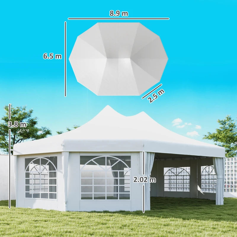 10-Sided Decagonal Garden Gazebo Party Tent - Heavy Duty Metal Frame Canopy (8.9m x 6.5m) - White