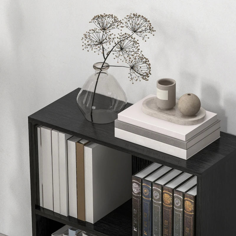 Adjustable 2-Tier Bookshelf - Low Black Bookcase with 2 Compartments for Home Office, Living Room & Study