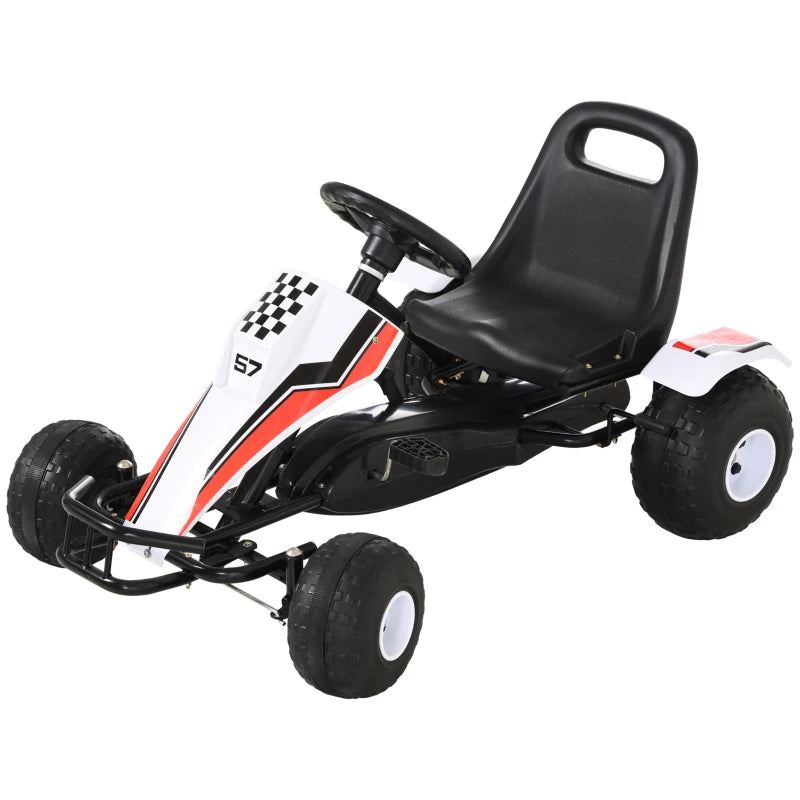 Kids Pedal Go Kart - Manual Ride On Car with Brake, Gears, Adjustable Seat, 4 Smooth Wheels, Racing-Style White 104x66x57 cm
