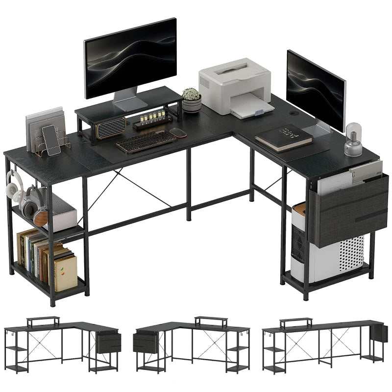 Reversible 168cm L Shaped Desk - Industrial Corner Computer Table with Adjustable Shelf & Storage Bag, 240cm for 2 Users, Black