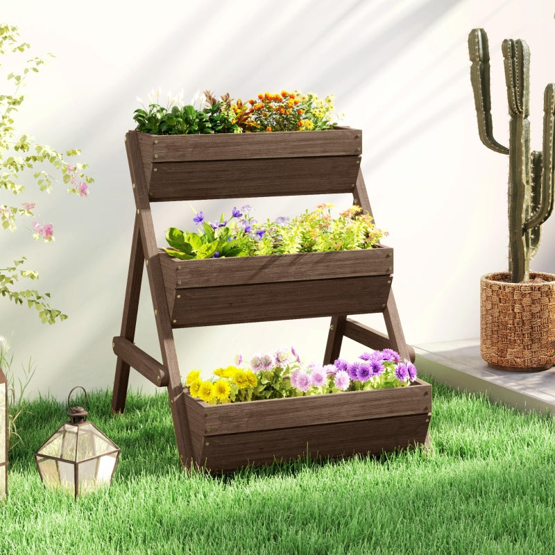 3 Tier Wooden Elevated Planter Box Kit - 66L for Flowers, Vegetables, Herbs - Tan - 65x75x78cm