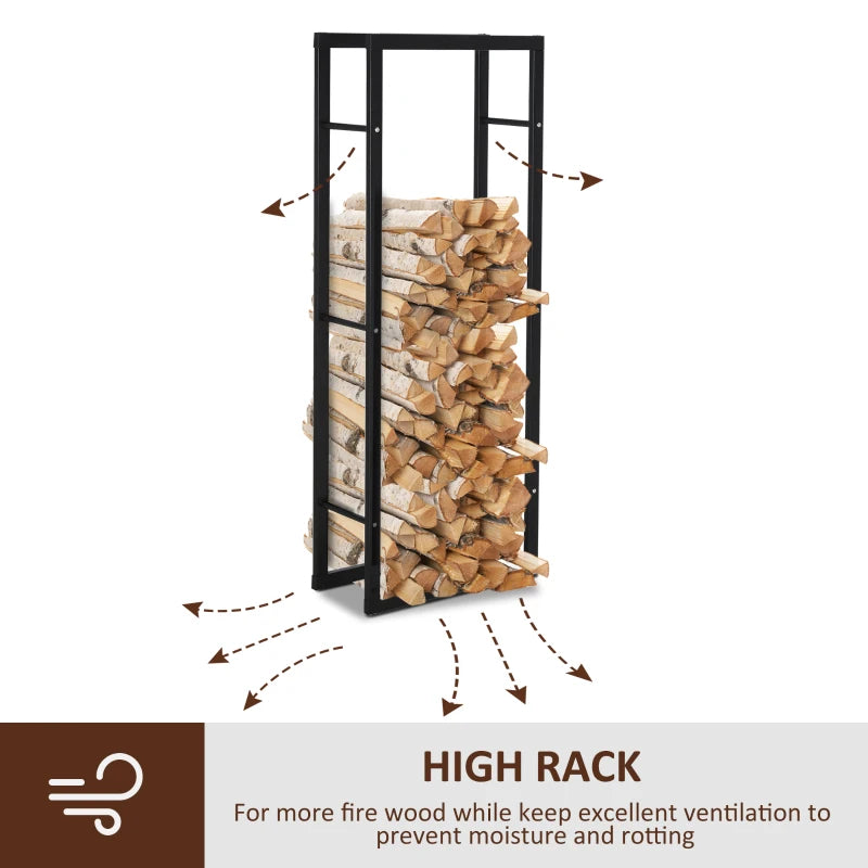 Tall Metal Firewood Log Holder Rack - Indoor Outdoor Fireplace Wood Storage Shelf, Rust-Resistant, Black, 40W x 25D x 150H cm