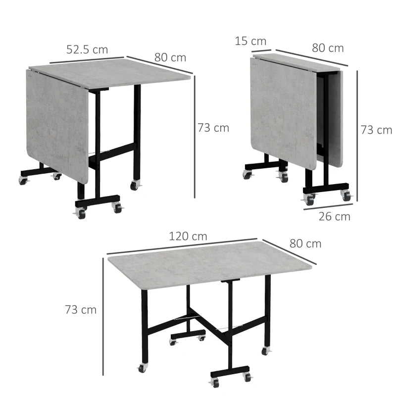 Mobile Drop Leaf Folding Dining Table with 6 Wheels & Brakes - Space-Saving Kitchen Table in Grey Marble Effect