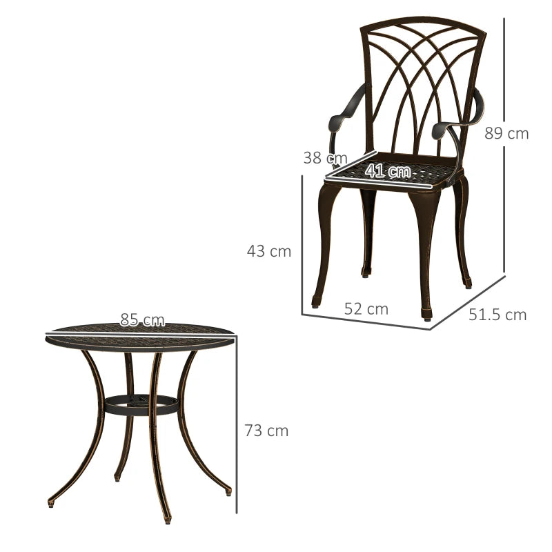 5-Piece Bronze Outdoor Garden Dining Set for 4 - Cast Aluminium Round Table with Parasol Hole and 4 Armchairs
