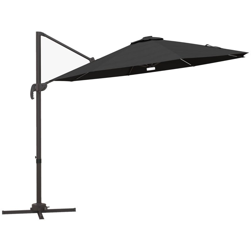 Dark Grey 3m LED Cantilever Sun Umbrella with Solar Lights & Base