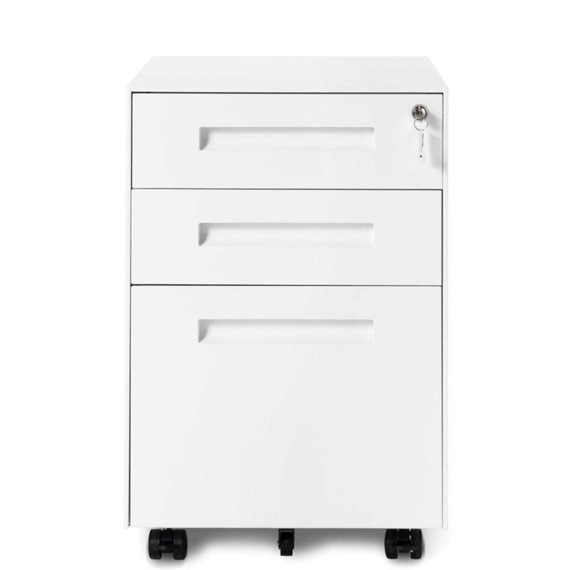 Mobile File Cabinet with 3 Lockable Drawers & Casters, Enamel Steel Side Table for Office & Study, White, 41x52x60 cm