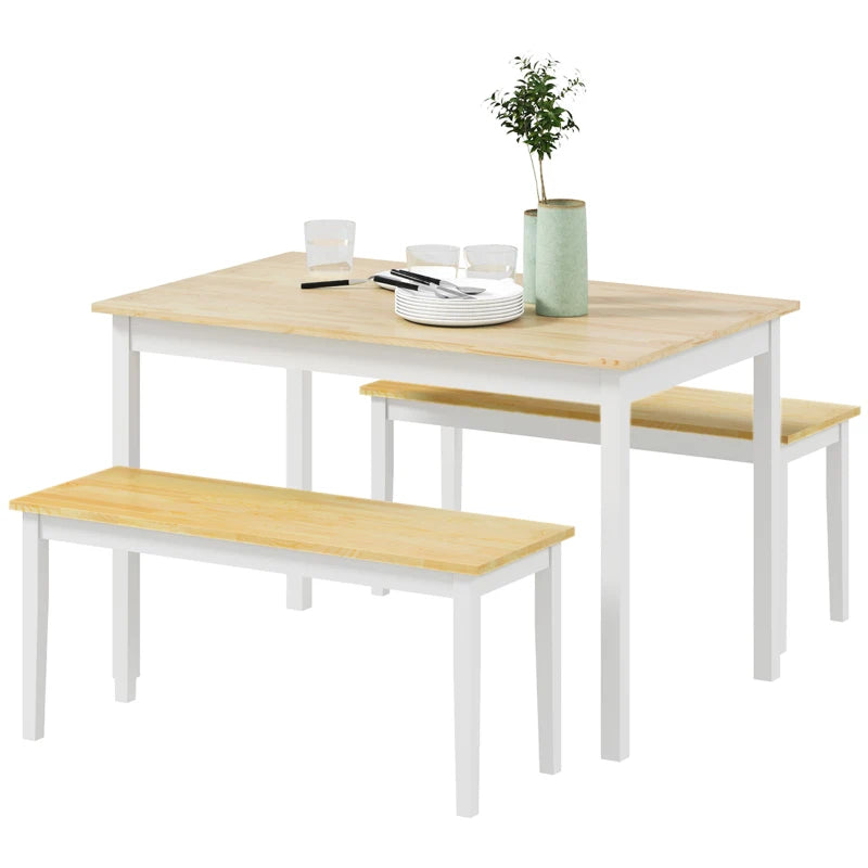Farmhouse Dining Table and Bench Set - Wooden Frame Kitchen Furniture for Living Room, Natural & White Finish