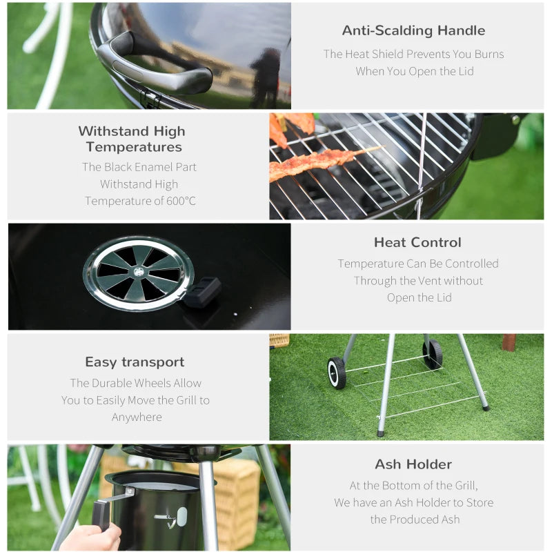 Portable Charcoal Grill with Wheels - Black/Silver, 57x63x94 cm