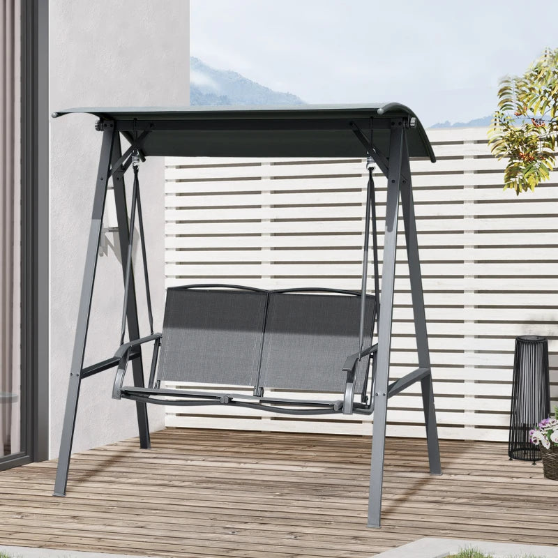 2 Seater Dark Grey Garden Swing Bench - Outdoor Canopy Swing Bench with Adjustable Shade, Metal Frame and Texteline Seat