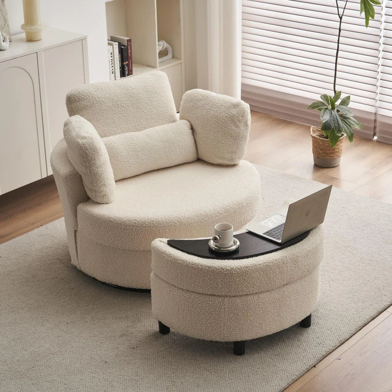 Teddy Swivel Armchair with Cushions and Ottoman Stool, 360° Recliner Sofa, White, 107L x 105W x 82H cm