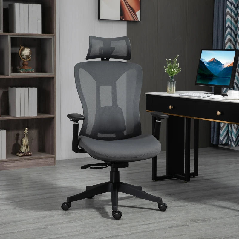 Vinsetto Ergonomic Mesh Office Chair with Adjustable Headrest, Lumbar Support, 135° Recline & 3D Armrests - Grey