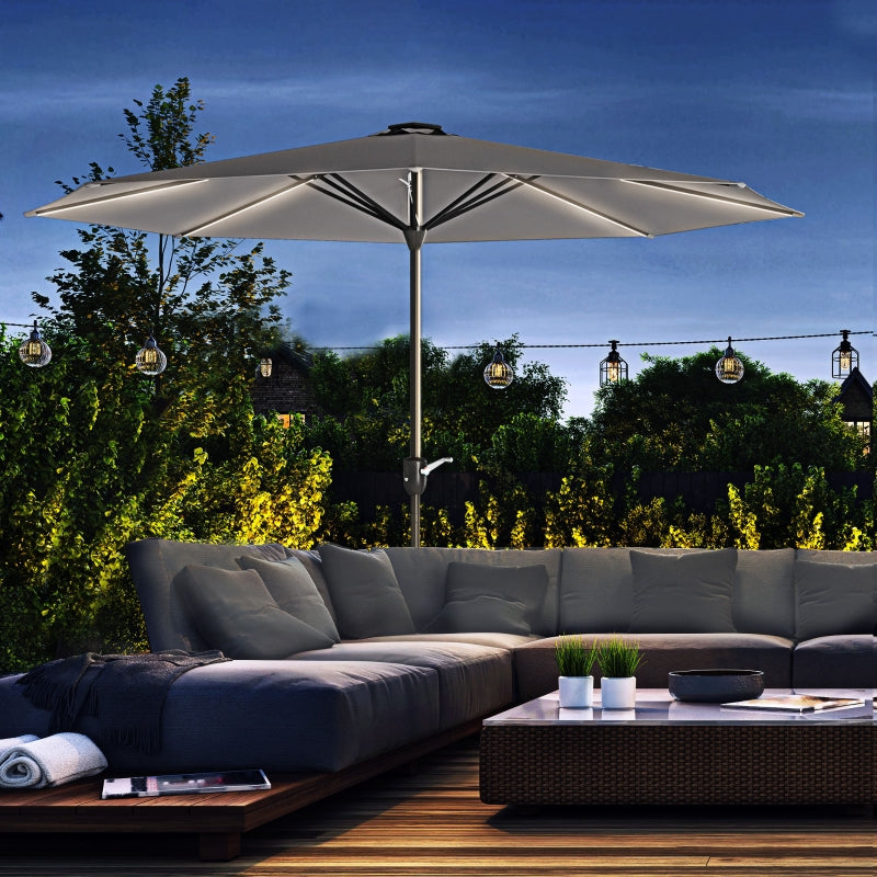 Charcoal Grey Solar LED Patio Umbrella with Crank Handle