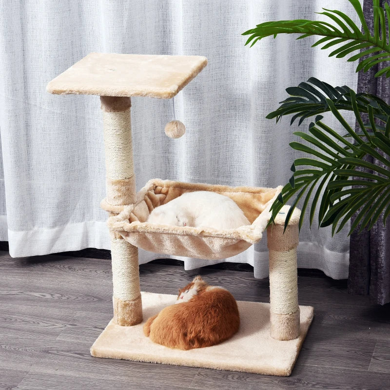 Beige Cat Scratch Post with Bed - Indoor Cat Tree & Hammock, Sisal Scratching Posts for Active Kittens
