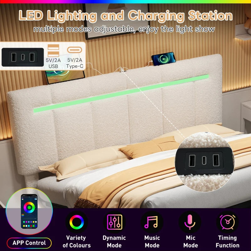 Double Upholstered Bed Frame with Hydraulic Storage and LED Headboard for Modern Bedrooms