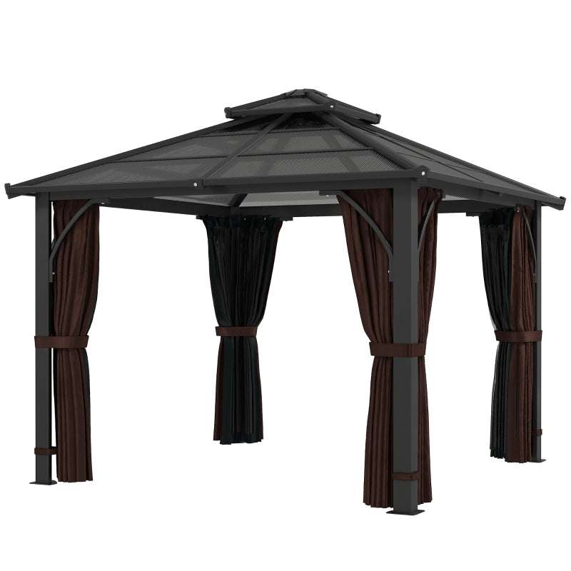 3x3m Brown Hardtop Gazebo Canopy with 7mm Double Polycarbonate Roof, Permanent Garden Pavilion with Mosquito Netting and Curtains for Patio and Deck