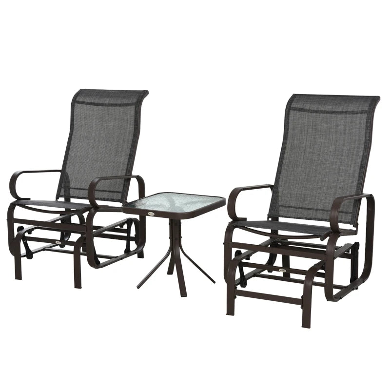 Brown 3-Piece Metal Frame Gliding Chair Set with Glass Top Coffee Table