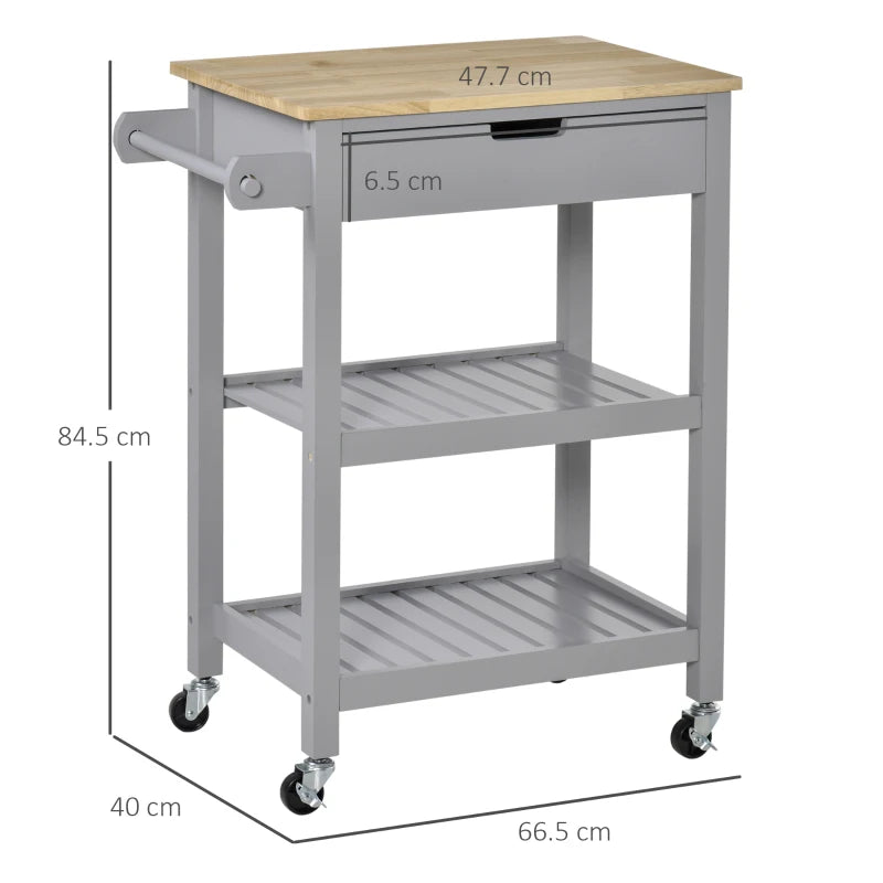 Grey Kitchen Trolley Utility Cart on Wheels with Rubberwood Top, Towel Rack, Storage Shelves & Drawer for Dining Room