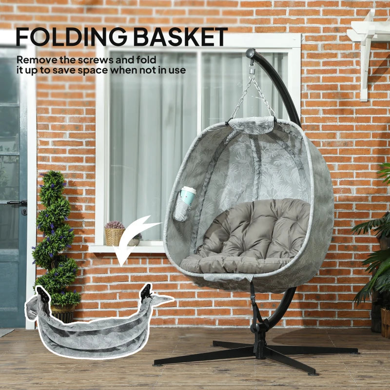 Hanging Egg Chair - Outdoor Indoor Garden Swing Chair with Folding Basket, Thickened Cushion, Cup Holder - Sand Brown