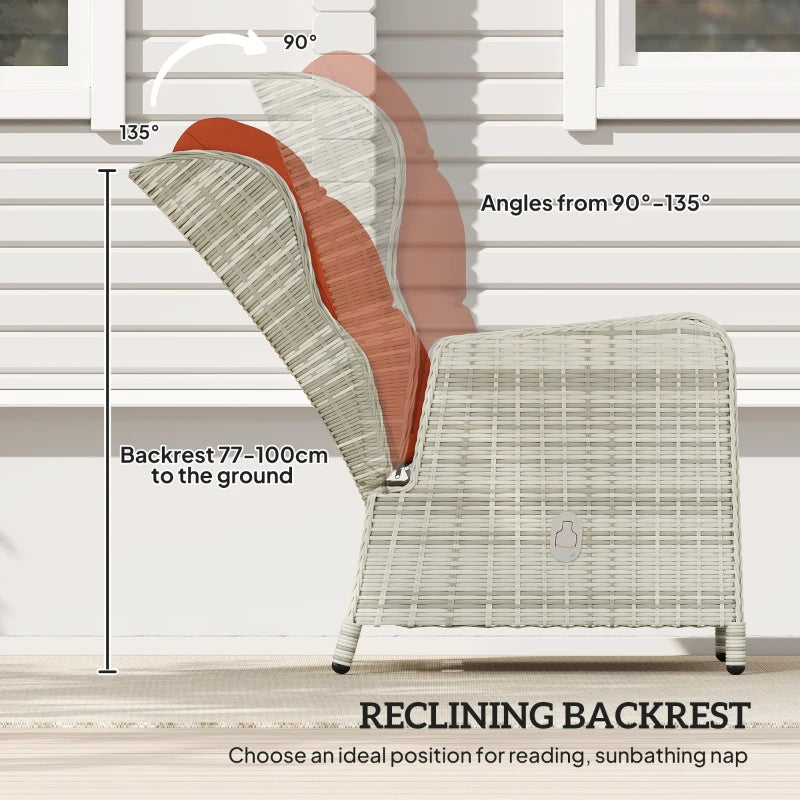 5-Piece Orange Rattan Bistro Set - Adjustable Back Reclining Wicker Balcony Furniture with Cushions, Glass Top Coffee Table and Footstools - Outdoor Table and Chairs