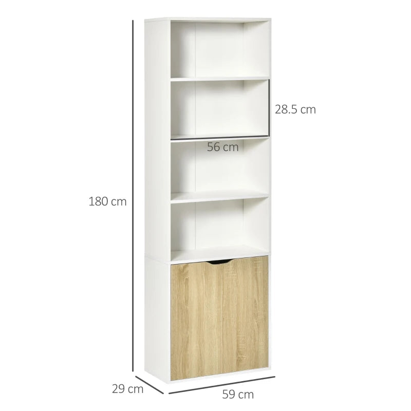 6-Tier Tall Bookcase with 4 Open Shelves & Double Door Storage Cabinet - Freestanding Display Rack for Living Room, Bedroom, Home Office - White & Oak