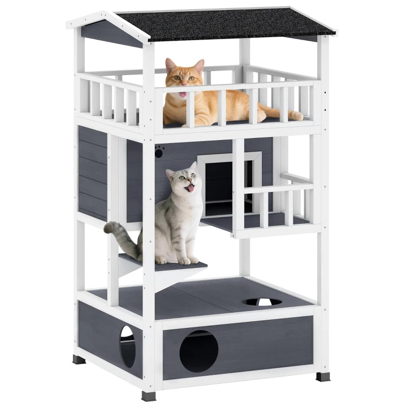 Wooden 3-Tier Outdoor Cat House with Tilted Roof, Terrace, Jump Step, Waterproof Grey Shelter for Cats