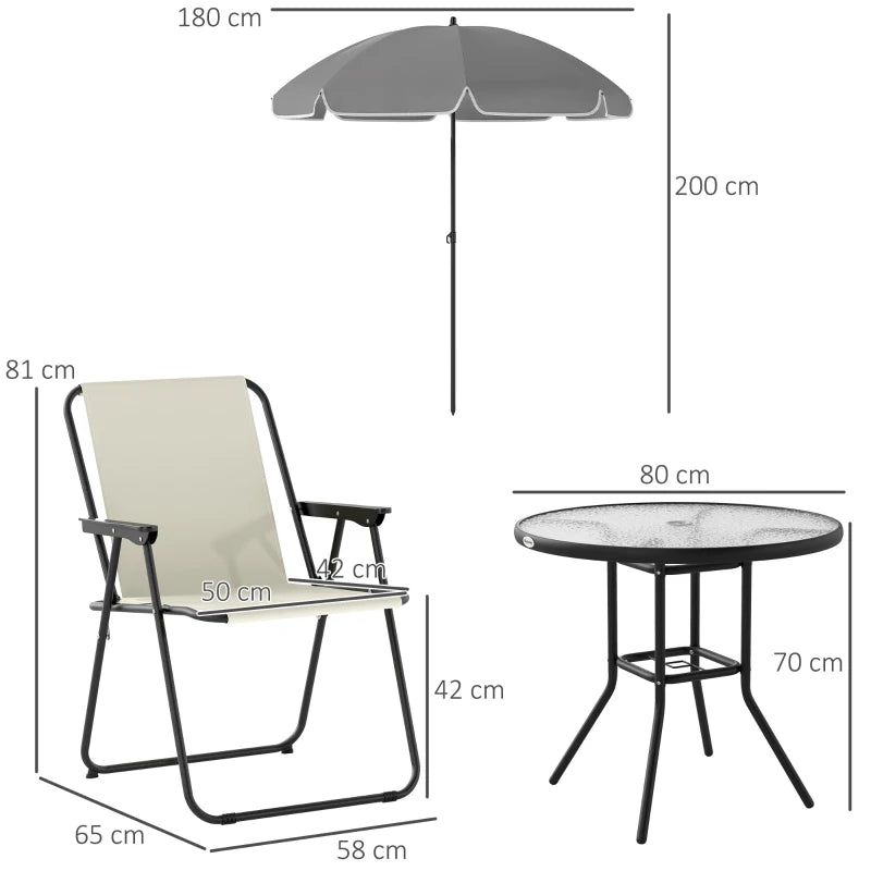 4 Seater Cream White Garden Furniture Set - 6 Piece Outdoor Dining Set with Folding Chairs and Round Glass Top Table, Includes Parasol for Patio