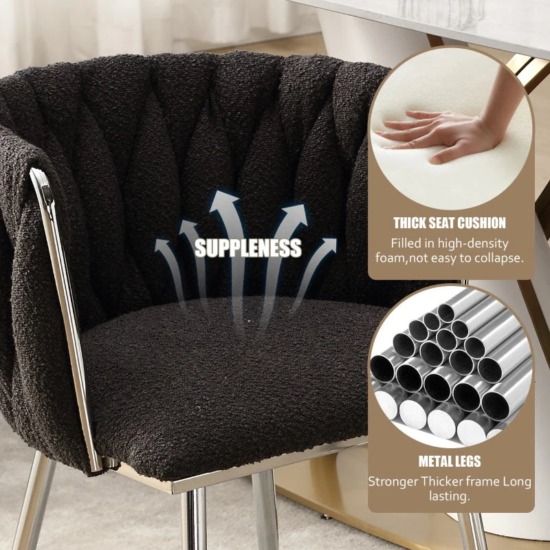Set of 2 Modern Boucle Upholstered Dining Chairs with Silver Legs & Armrests - Stylish Living Room Seating, Black, 54x52x73 cm