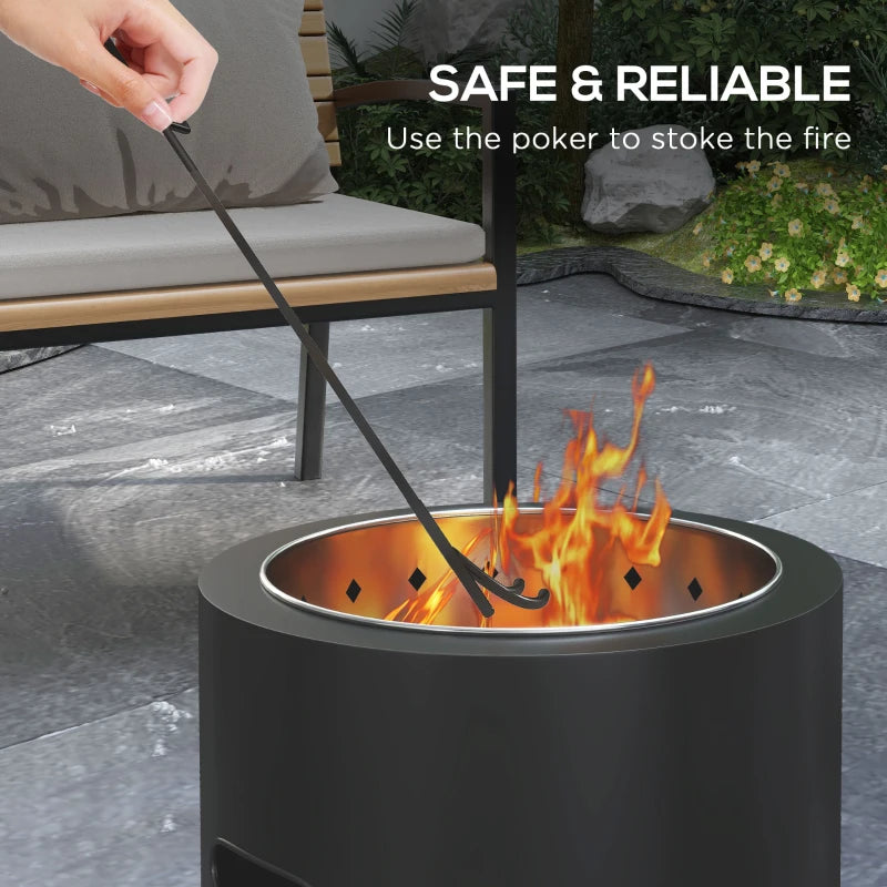 Portable Smokeless Fire Pit - 45cm Round Metal Bonfire Stove with Poker for Garden & Camping - Black
