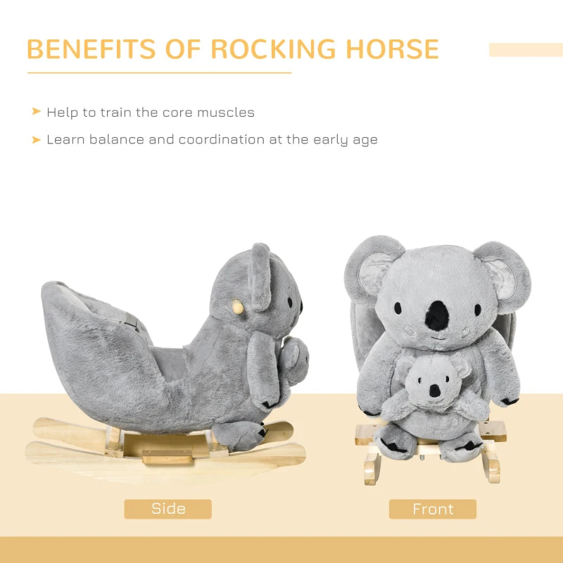 Kids Toddler Plush Rocking Horse Koala Ride-On with Wooden Base & Safety Belt - Soft Doll Toy for 18-36 Months Grey