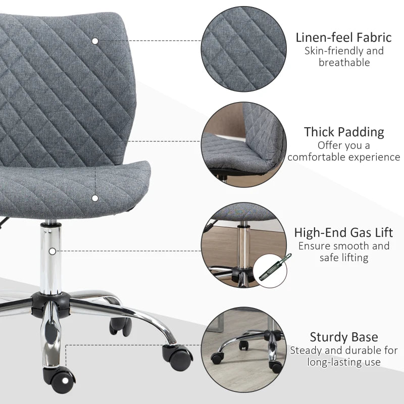 Vinsetto Armless Adjustable Office Chair - Swivel Computer Chair with Rolling Wheels & Linen Fabric Back Support - Grey