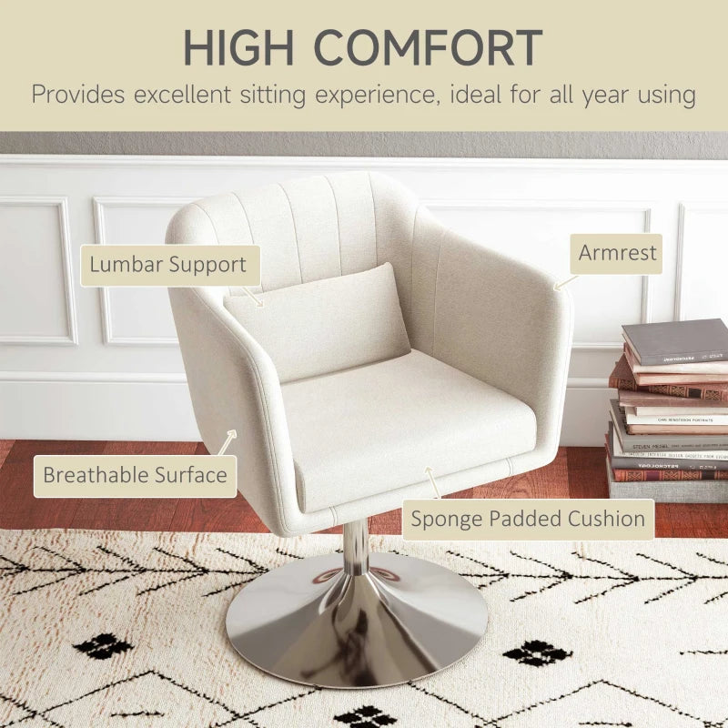 Modern Cream White Accent Chair with Swivel Base & Adjustable Height Arms, Cozy Pillow for Living Room & Bedroom