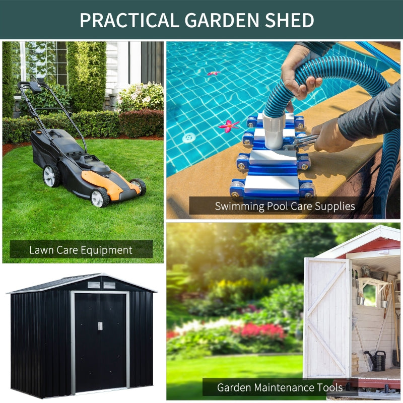 Black 7ft x 4ft Metal Shed With Ventilation Slots, Foundation Kit and Lockable Double Doors