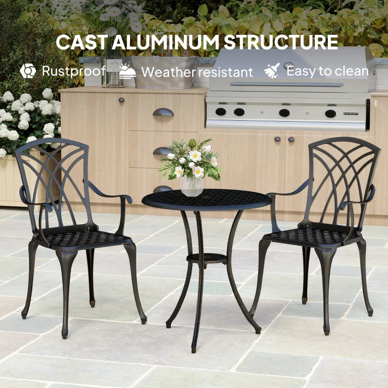 3 Pieces Bronze Tone Garden Dining Set for 2 - Cast Aluminium Outdoor Dining Set with 2 Armchairs and Round Table with Parasol Hole