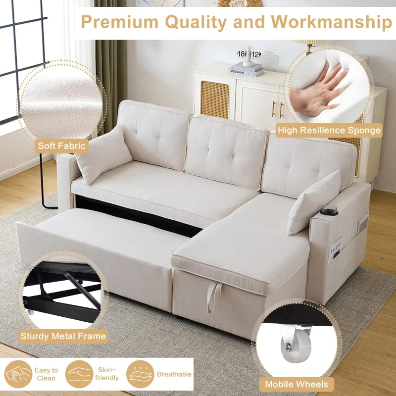 Versatile L-Shaped Sofa Bed with Reversible Chaise, Storage, Cup Holders and Cushions in Beige