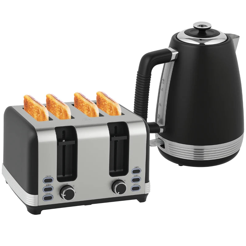 Stainless Steel Kettle & Toaster Set - 1.7L Rapid Boil Jug Kettle with Strix Thermostat & 4 Slice Toaster - Black/Silver