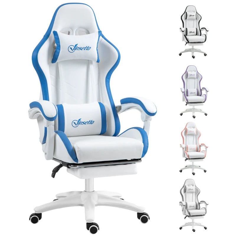 Vinsetto White and Blue Gaming Chair - PU Leather Office Desk Chair with Footrest, 135° Recline, Lumbar Support & Headrest