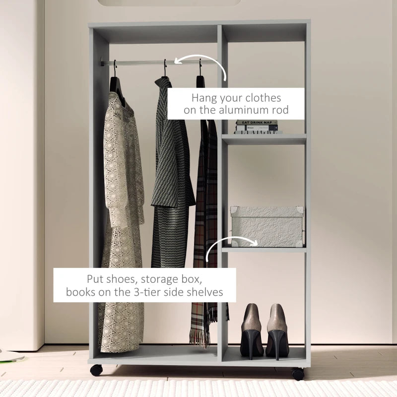 Mobile Open Wardrobe with Clothes Hanging Rail and Storage Shelves for Bedroom or Hallway Grey