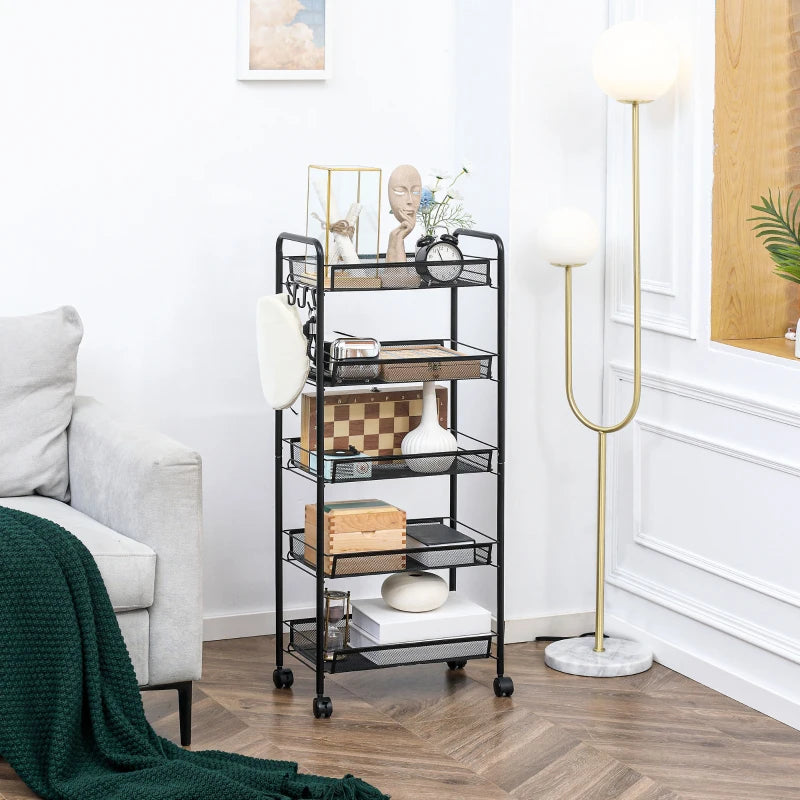 Five-Steel Mesh Storage Trolley with Wheels - Black Basket Organizer for Home, Office, and Kitchen
