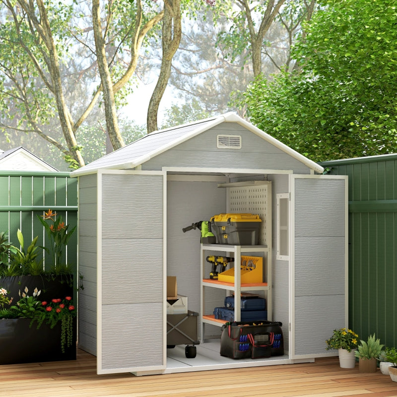 6 x 5ft Light Grey Plastic Garden Shed with Floor, Window, Lockable Doors and Vents - Wood Effect Resin Tool Storage for Outdoor Patio