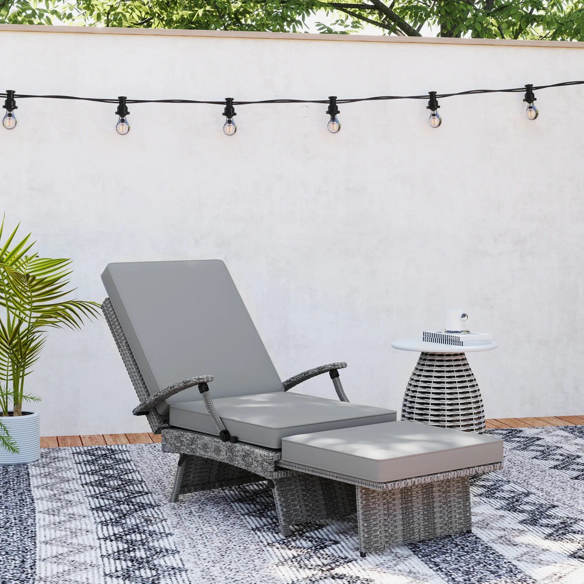 80° Reclining Rattan Lounger With Padded Cushions - Grey