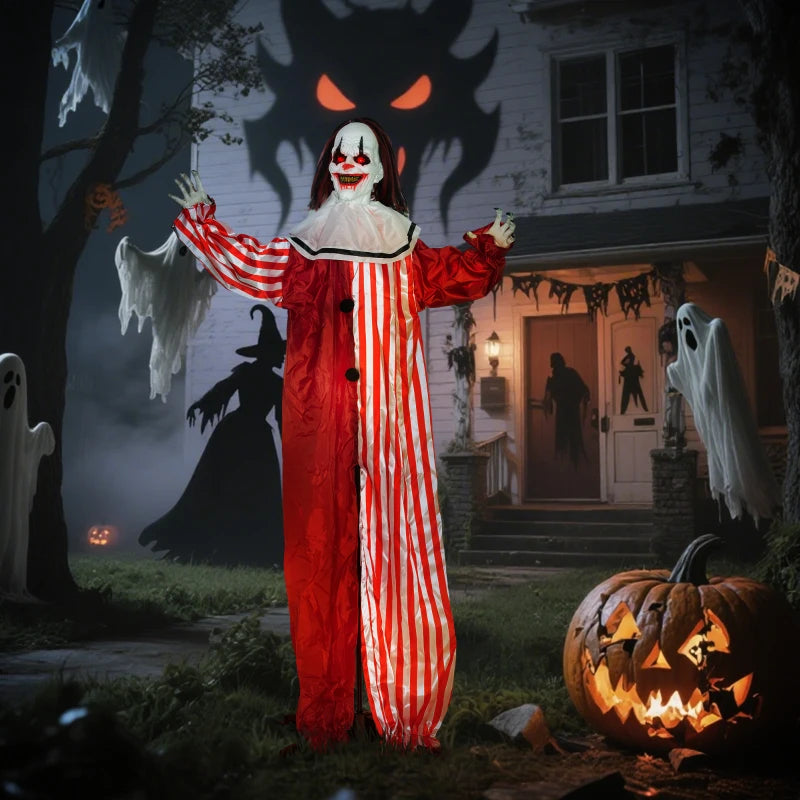 Life Size 165cm Scary Animated Clown with Red Light Up Eyes - Sound Activated Halloween Decoration, Battery Operated Indoor Prop
