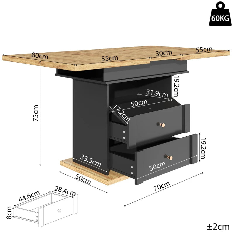 Telescopic Foldable Kitchen Table for 4-6 People with Soft-Close, Hidden Storage, 110x80x75 cm, Black & Natural Finish
