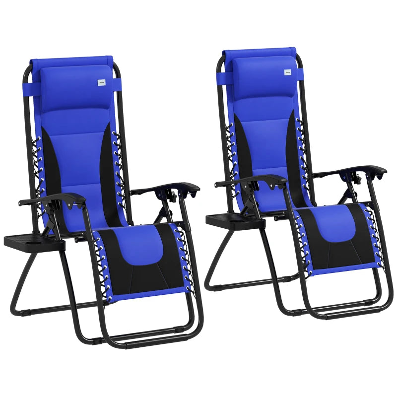 Blue Sun Lounger Chair Set of 2 - Folding Reclining Patio Chairs with Padded Seat, Cup Holder