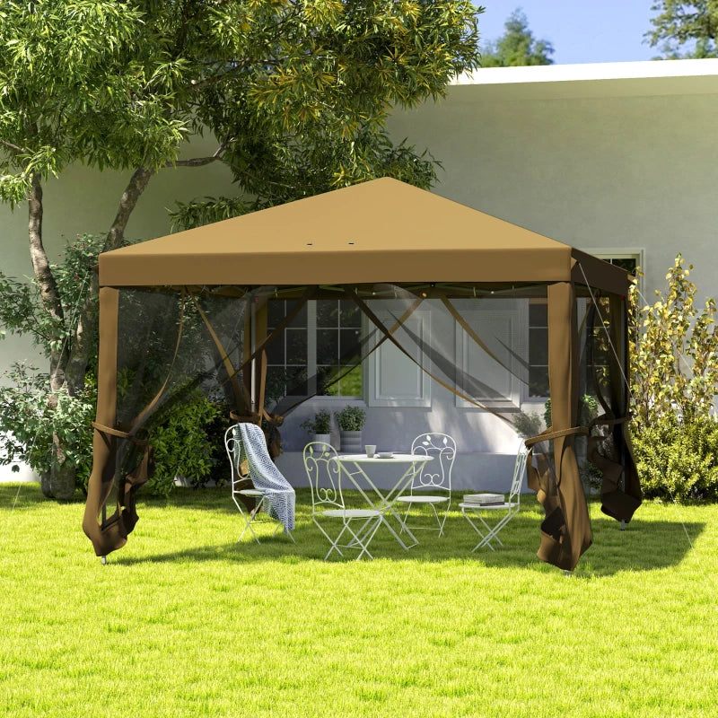 3m x 3m Khaki Pop Up Gazebo - 420D Garden Tent Canopy with Removable Mesh Sidewall Netting & Carry Bag for Outdoor Patio