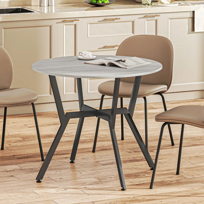 Round Grey Dining Table with Black Legs - 90 x 76 cm Kitchen Table with Anti-Slip Foot Pads for Living Room