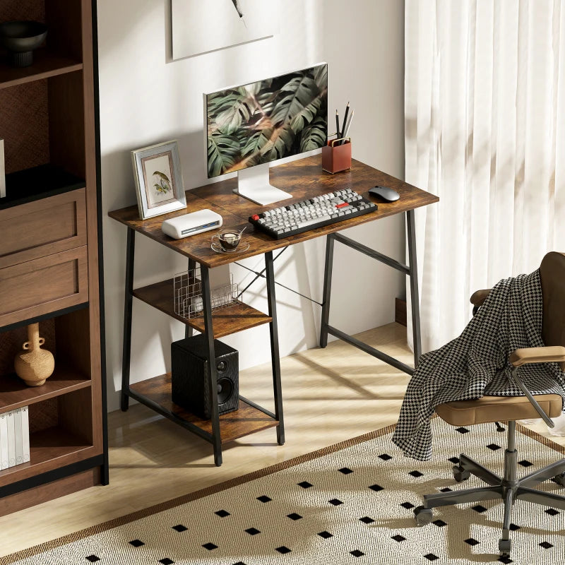 100cm Industrial Computer Desk with Storage - Rustic Brown Home Office Table, 2 Tier Shelves & Steel Frame for Study Room