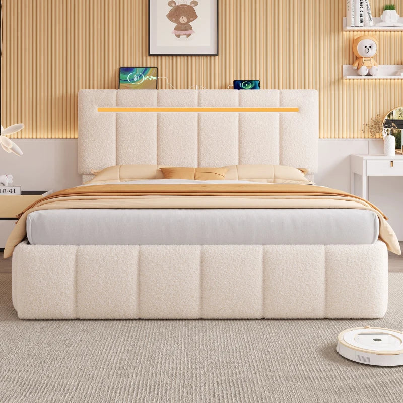 Double Upholstered Bed Frame with Hydraulic Storage and LED Headboard for Modern Bedrooms