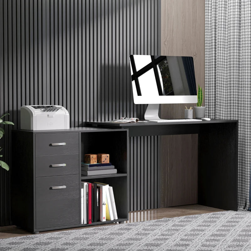 L Shaped Computer Desk with Drawers & File Cabinet - Reversible Home Office Study Table, 117x83.5cm, Black