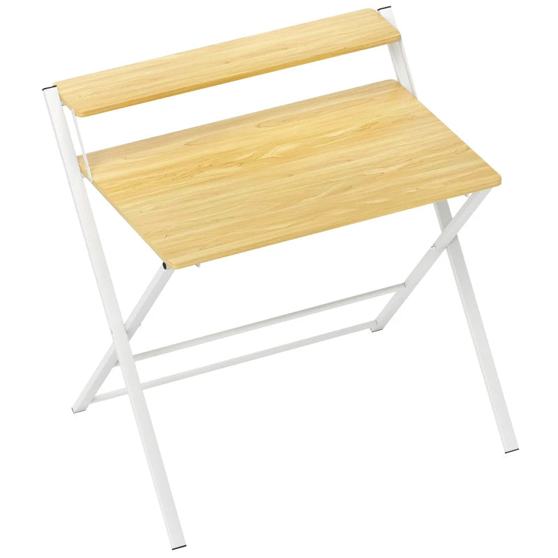 Compact Folding Desk for Small Spaces - Foldable Computer Desk with Storage Shelf, 2-Tier Writing Table, Maple Wood-effect, 86x66x82 cm