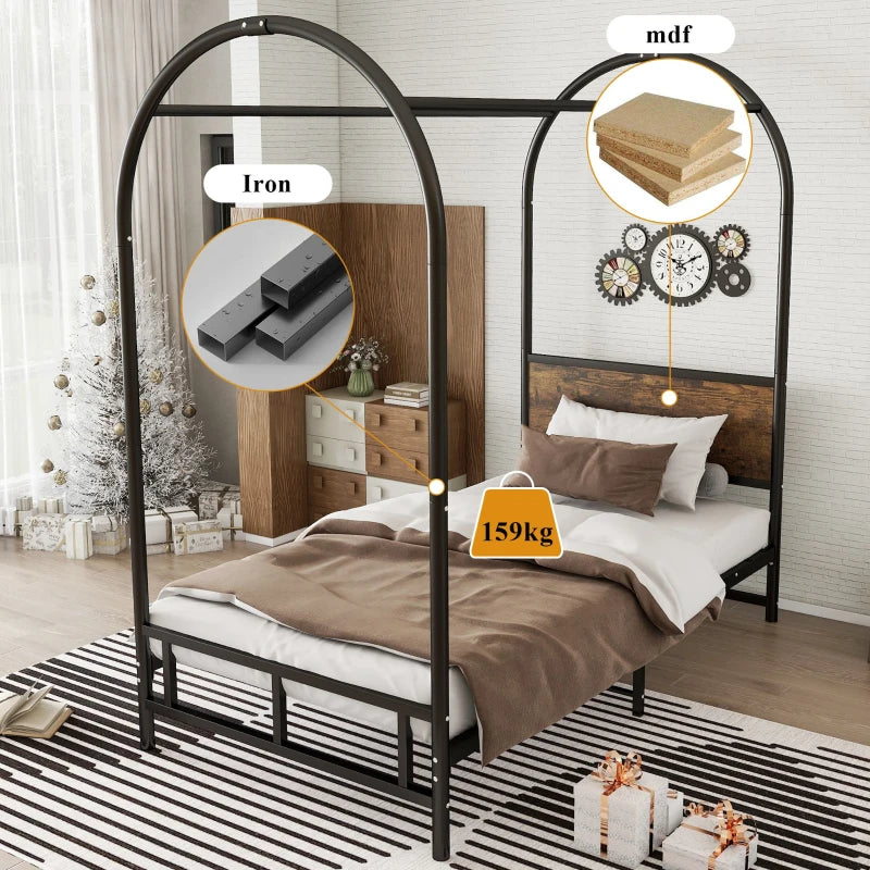Durable Metal Canopy Bed Frame with Wood Headboard - Easy Self-Installation, Black, 195L x 90.5W x 192H cm